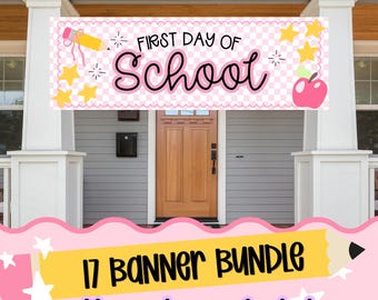 Bundel met PNG-banners voor de eerste schooldag | 17 ontwerpen voor banners voor de eerste schooldag | Digitale download van een Walgreens 6x2 banner | Bord voor de eerste schooldag