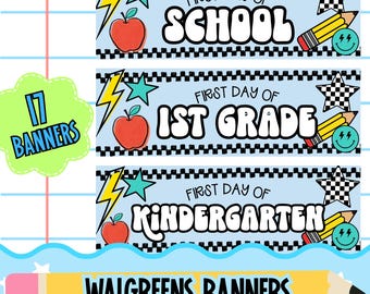 Bundel met PNG-banners voor de eerste schooldag | 17 ontwerpen voor banners voor de eerste schooldag | Digitale download van een Walgreens 6x2 banner | Bord voor de eerste schooldag