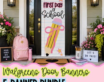 Bundel deurbanners voor de eerste schooldag | Deurbanner voor de start van het schooljaar | Printbare deurbanners van 1,80 x 0,60 meter (Walgreens-stijl) | 5 banners | PNG