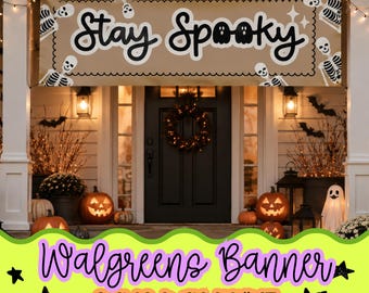 Halloweenbanner van Walgreens, 180 x 60 cm, printbare Halloweenfeestdecoratie | Halloweenmuurdecoratie met griezelig skelet, verandabanner, PNG, decoratie voor in de klas