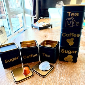 Kitchen Storage Tins | Tea Coffee Sugar Canisters | Stackable Black & Gold Set