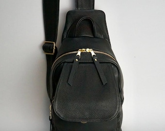 Handmade Black Leather Sling Purse, Women's Crossbody Bag