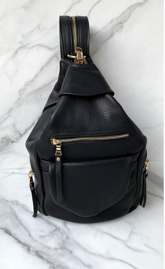 black and gold leather backpack large Large Black Leather Backpack: Handmade Womens Bag With Gold Hardware