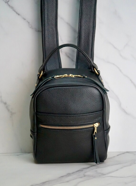 black leather backpack with gold hardware Handmade Black Leather Backpack: Gold Hardware, Wide Straps