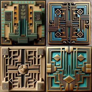 Könnte beinhalten: Vier quadratische Keramikfliesen mit geometrischen Mustern in Braun-, Gold-, Blaugrün- und Blautönen. Die Fliesen zeigen komplizierte Designs mit sich wiederholenden Linien und Formen.