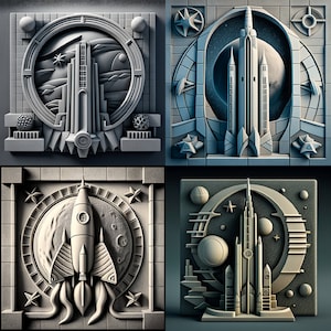 May include: Four square panels with Art Deco-style space-themed relief sculptures. Each panel features a rocket, spaceship, or futuristic city design, with celestial elements like stars and planets. The color palette is primarily gray and white.