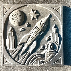 May include: A white ceramic tile with a raised design of a rocket ship, astronaut, moon, and stars. The rocket ship is launching into space with a trail of smoke. The astronaut is wearing a helmet and spacesuit. The moon is full and has craters. The stars are five-pointed.