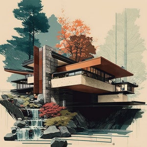Fallingwater House Inspired Art Print Set, Mid-Century Modern (Digital Download)
