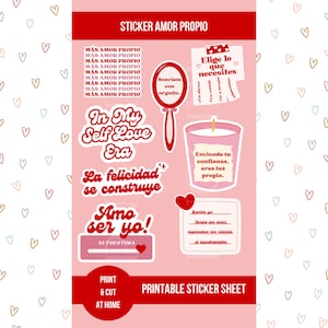 May include: Printable sticker sheet with pink and red hearts, a candle, a mirror, and several stickers with phrases like "In My Self Love Era", "La felicidad se construye", "Amo ser yo!" and "Más Amor Propio".