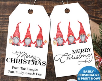 Printable Watercolor Gnome Christmas Gift Tags, Editable Treat Tags (PDF)