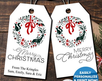 Printable Woodland Animal Wreath Christmas Gift Tags, Merry Christmas Design (PDF)