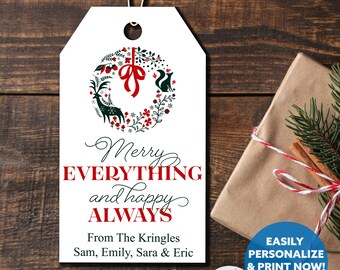 Printable Merry Everything Happy Always Tag, Woodland Animal Wreath Design, Holiday Printable (PDF)