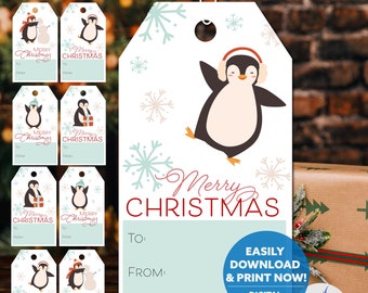Printable Penguin Christmas Gift Tags, Fun Holiday Design (PDF)