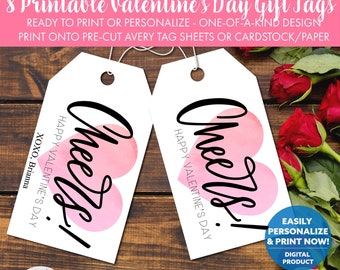 Cheers! Happy Valentine’s Day Printable Gift Tag | Valentine Wine Tag, Editable Champagne Label, Party Favor Tag, Galentine’s Gift Tag