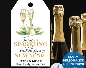 Printable Sparkling New Year Gift Tag, Champagne + Wine Bottle Label, Party Favor (PDF)