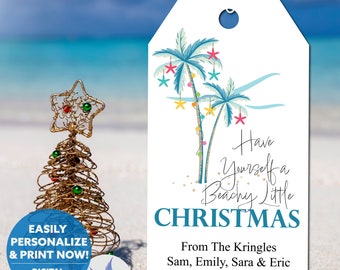 Printable Beachy Christmas Gift Tags, Tropical Palm Tree Holiday Tags (PDF)