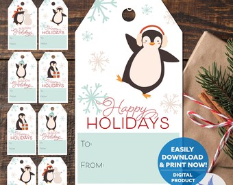 May include: Gift tags with penguin illustrations and the text "Happy Holidays." The tags feature snowflakes and are designed for the holiday season. The tags are a digital product.