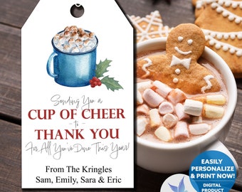 Printable Hot Cocoa Gift Tags, "Cup of Cheer" Holiday Tag for Coffee, Tea (PDF)