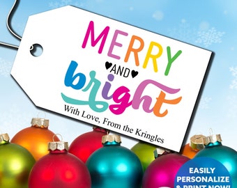 Printable Merry and Bright Christmas Gift Tag, Colorful Holiday Tag (PDF)