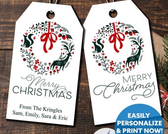 Printable Wreath Gift Tags, Green Merry Christmas, Woodland Animal Design (PDF)