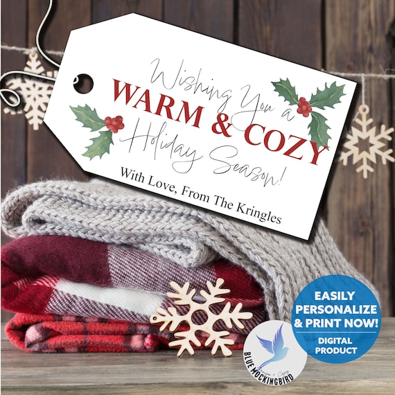 Printable Warm & Cozy Blanket Gift Tag, Christmas Gift Tag for Teacher Gifts, Socks, Hot Cocoa, and Knitting