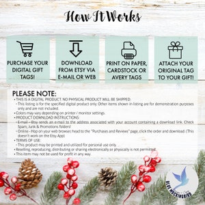 May include: A digital product listing with instructions on how to purchase, download, and print gift tags. The image includes text that says "How It Works" and "Please Note." Decorative elements include pinecones, red berries, and a blue bird logo.