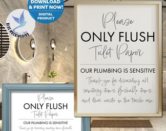 Only Flush Toilet Paper Sign, Restroom Printable for Sensitive Plumbing in AirBnB, Restaurant, Guest