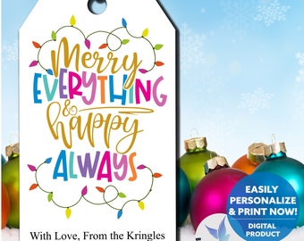 Printable Merry Everything Happy Always Gift Tag, Colorful Holiday Design (PDF)