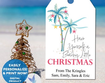 Printable Coastal Christmas Gift Tags, Beachy Little Christmas Palm Tree Design (PDF)