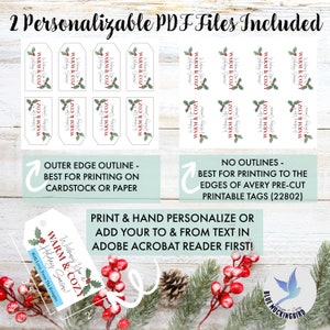 May include: Printable holiday gift tags with the text "Warm & Cozy Holiday Season" and holly berry accents. Includes two PDF files. Instructions advise printing on cardstock or paper, or using Avery pre-cut tags. The image also includes a 2-inch measurement.