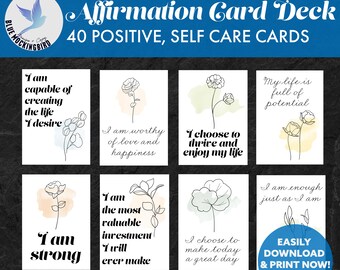 40 Printable Floral Affirmation Cards, Positive Mindset & Self-Care Deck for Motivation, Encouragement, Watercolor Flower