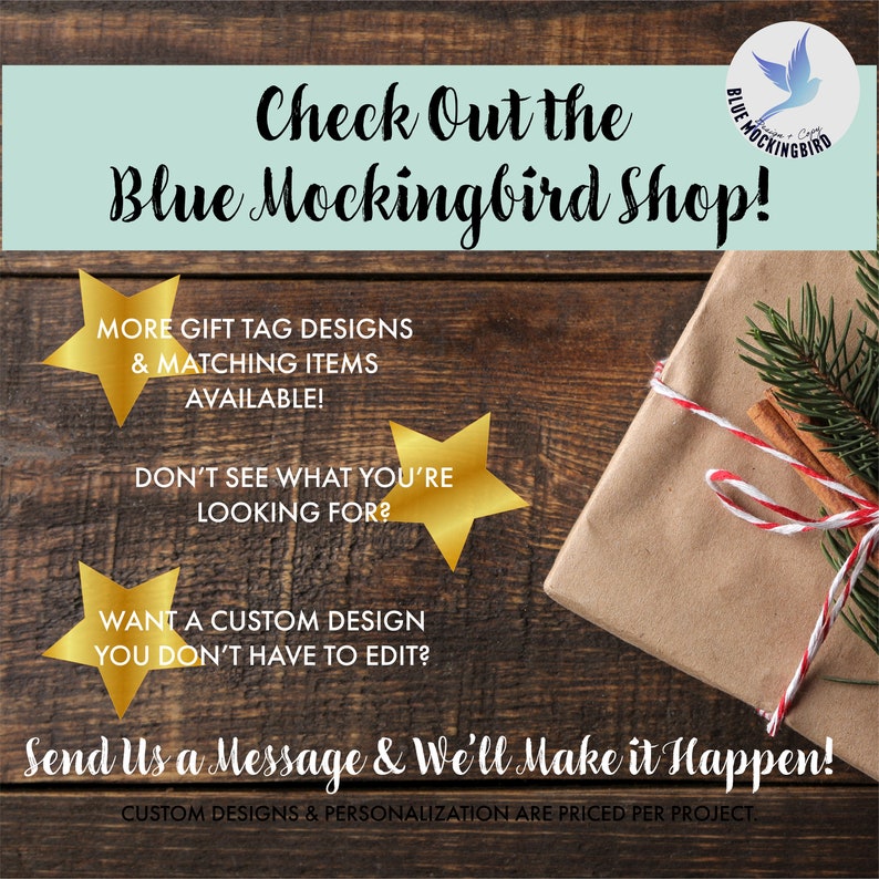 May include: Image promoting the Blue Mockingbird Shop, featuring text and a wrapped gift. Text includes "Check Out the Blue Mockingbird Shop!" and offers custom designs. A wrapped gift with a red and white string is visible.