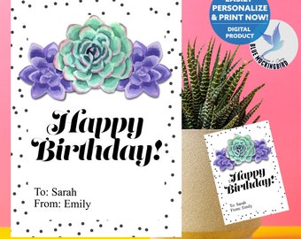 Printable Happy Birthday Gift Tag, Watercolor Succulent Design for Plant Lover (PDF)