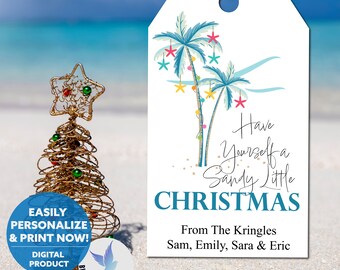 Printable Beach Christmas Gift Tags, Sandy Little Christmas Palm Tree Holiday Design (PDF)