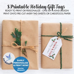 May include: Two wrapped gifts in brown paper, tied with twine and green string. One gift is decorated with evergreen sprigs, the other with a gift tag that reads "Warm & Cozy, Wishing You a Holiday Season!" Text at the top says "8 Printable Holiday Gift Tags".