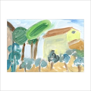 Quadro incorniciato 'Tre Pini' di Katia Demyanova. Paesaggio italiano incorniciato con case, 3 pini e ulivi, olio su carta, 21×30 cm, k-545