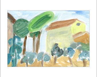 Framed picture &#39;Three Pines&#39; by Katia Demyanova. Framed Italian landscape with houses, 3 pine-trees & olives, oil on paper, 21×30 cm, k-545