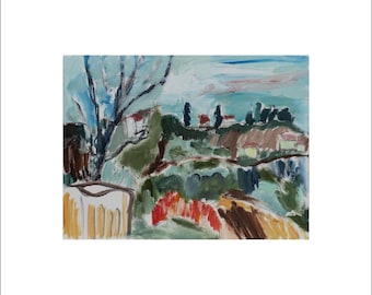Small framed landscape with hills and houses &#39;Autumn Evening&#39;. Painting by Katia Demyanova. Oil on paper, 24 × 32 cm, k-462