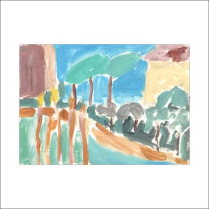 Quadro con cornice 'Pini, cielo azzurro e casa gialla' di Katia Demyanova. Paesaggio italiano, olio su carta, 21×30 cm, k-542