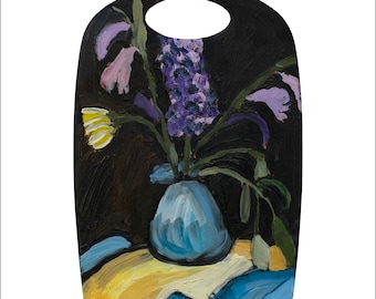 Yellow-purple still life by Katia Demyanova. Original oil painting on cutting board 'Wild Orchids & Gladioli'. Floral still life, k-441