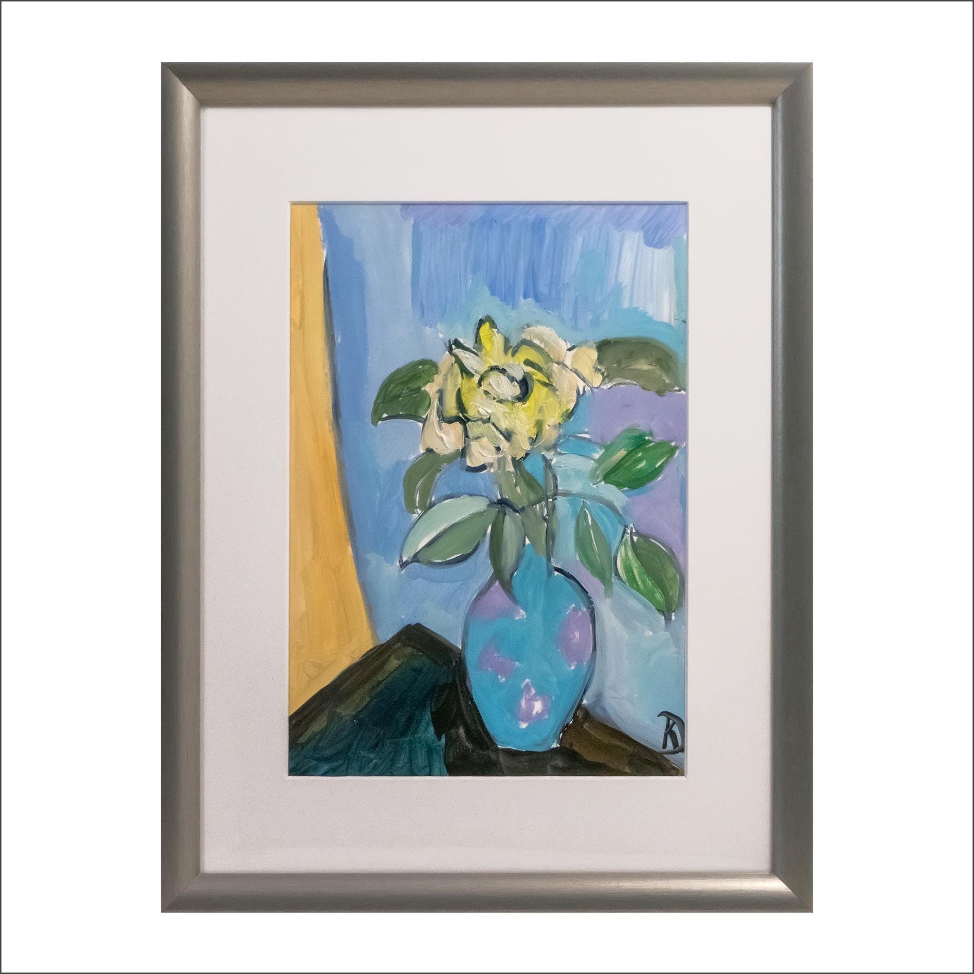 Still life 'Yellow Rose in Blue Vase' by Katia Demyanova. Framed vertical picture, oil on paper, 30×21 cm. Italian still life, k-534