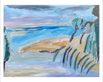 Seascape painting 'Sandbank' by Katia Demyanova. Oil on canvas, horizontal painting with sea, bank of river, trees, 60 × 80 cm, k-444
