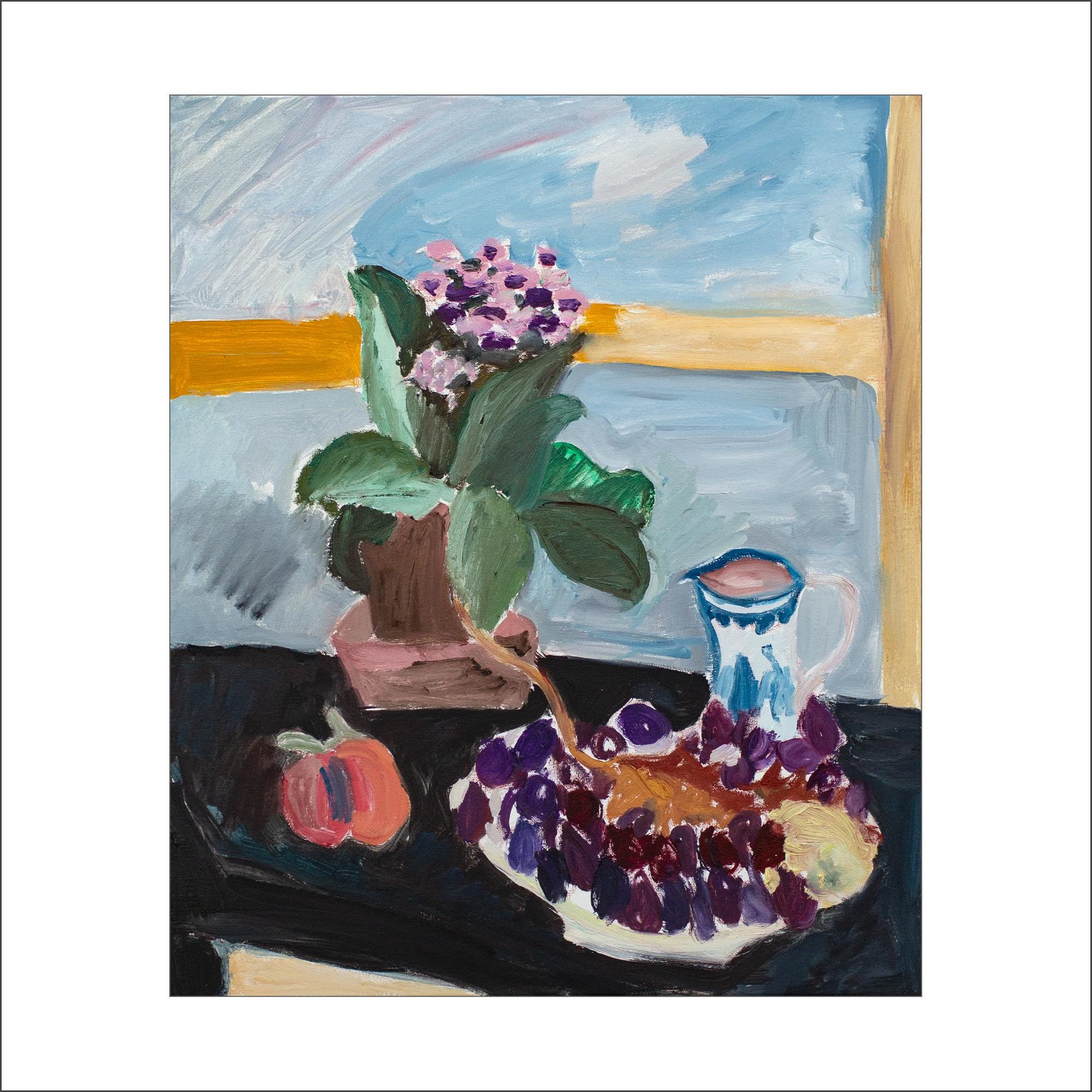 Floral still life 'Grape, Persimmon and Kalanchoe'. Original painting by Katia Demyanova, 2020. Oil on canvas, vertical still life, k-464