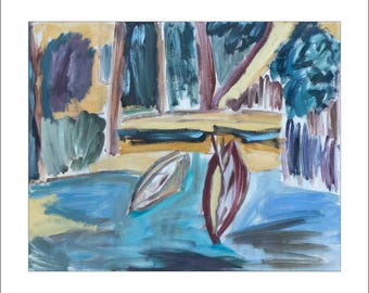 River & boats landscape. Original painting by Katia Demyanova. Oil on canvas 60×75 cm. Lithuanian landscape, blue horizontal picture, k-344