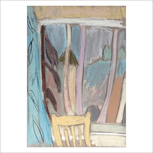 Paesaggio nordico incorniciato. Vista da una finestra in Finlandia. Pastello secco, 'Near the Lake' di Katia Demyanova. Carta Fabriano, 30×21 cm, k-449