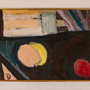 Nature morte aux fruits. Table orange, citron, sombre. Peinture originale de Katia Demyanova. Huile sur carton entoilé 31 × 41 cm. Image horizontale encadrée