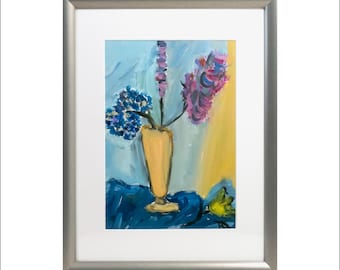 Still life &#39;Blue Hydrangea and Yellow Tulip&#39; by Katia Demyanova. Framed vertical picture, oil on paper, 30×21 cm. Italian still life, k-535