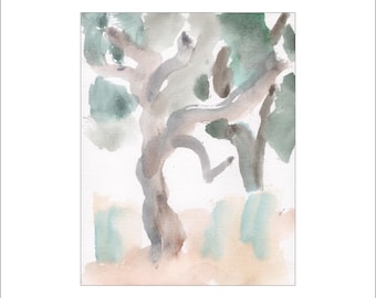 Small Italian landscape 'Olive Tree'. By Katia Demyanova. Soft watercolor on paper, Abruzzo hills, Gray & green and ochre, 15 × 12 cm, k-440
