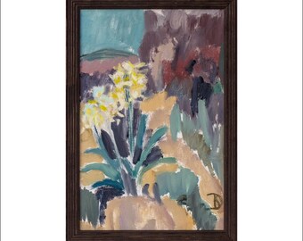 Framed painting with spring flowers by Katia Demyanova. Flowering daffodils, Italian spring landscape. Oil on canvas board, 33×22 cm, k-502