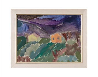 Italian landscape with mountains, trees, dark sky. Original painting by Katia Demyanova. Oil on paper 29 × 37 cm. Framed horizontal picture
